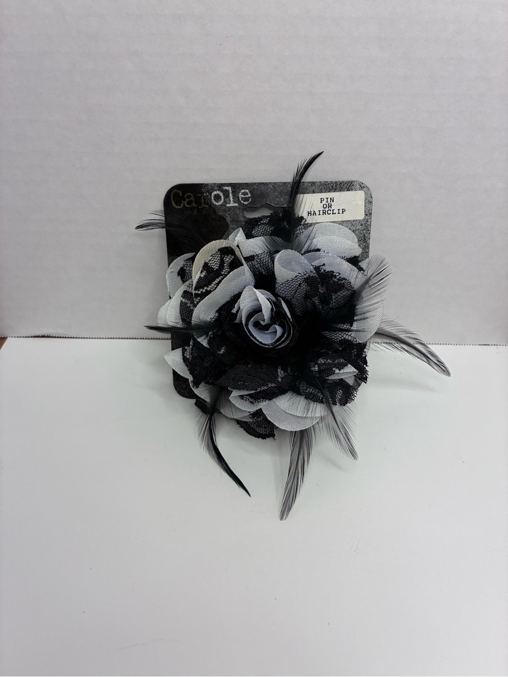 Carole Black And White Floral Feather Brooch And Hair Clip Gothic Emo Style